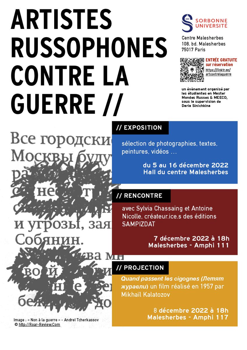 laurentfranco22's tweet photo. A Sorbonne Université (Centre Malesherbes), 3 manifestations organisées par les étudiantes du Master Métiers de l’édition en Europe Centrale et Orientale la semaine du 5 décembre : 
 1°) exposition « Les artistes russophones contre la guerre » du 5 au 13 décembre
.../... https://t.co/hIVbe90yly