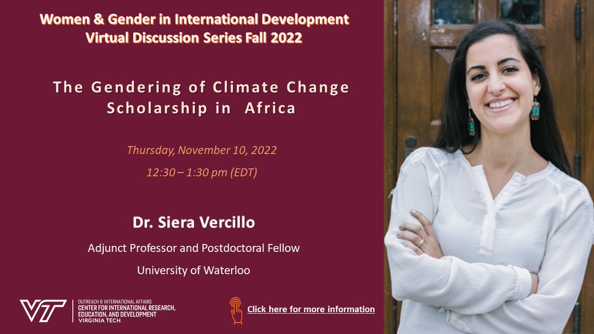 📢Happening tomorrow! Join the discussion on the gendering of climate change scholarships in Africa with Dr. <a href="/sieravercillo/">Dr. Siera Vercillo</a> at the WGD Virtual Discussion Series.

🗓️November 10, 2022
⏰12:30 - 1:30 pm (EDT)
🔗Register here: bit.ly/3fMoLAt 

#ClimateChange
#GenderAndDev