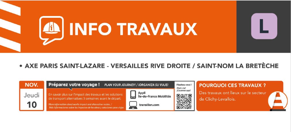 Ce jeudi 10 novembre, des travaux planifiés sur les voies impacteront la circulation de la ligne L. Des modifications d’horaires et des suppressions liées à ces travaux sont à prévoir. Il n’y aura pas d’impact du mouvement social interprofessionnel sur la ligne L.