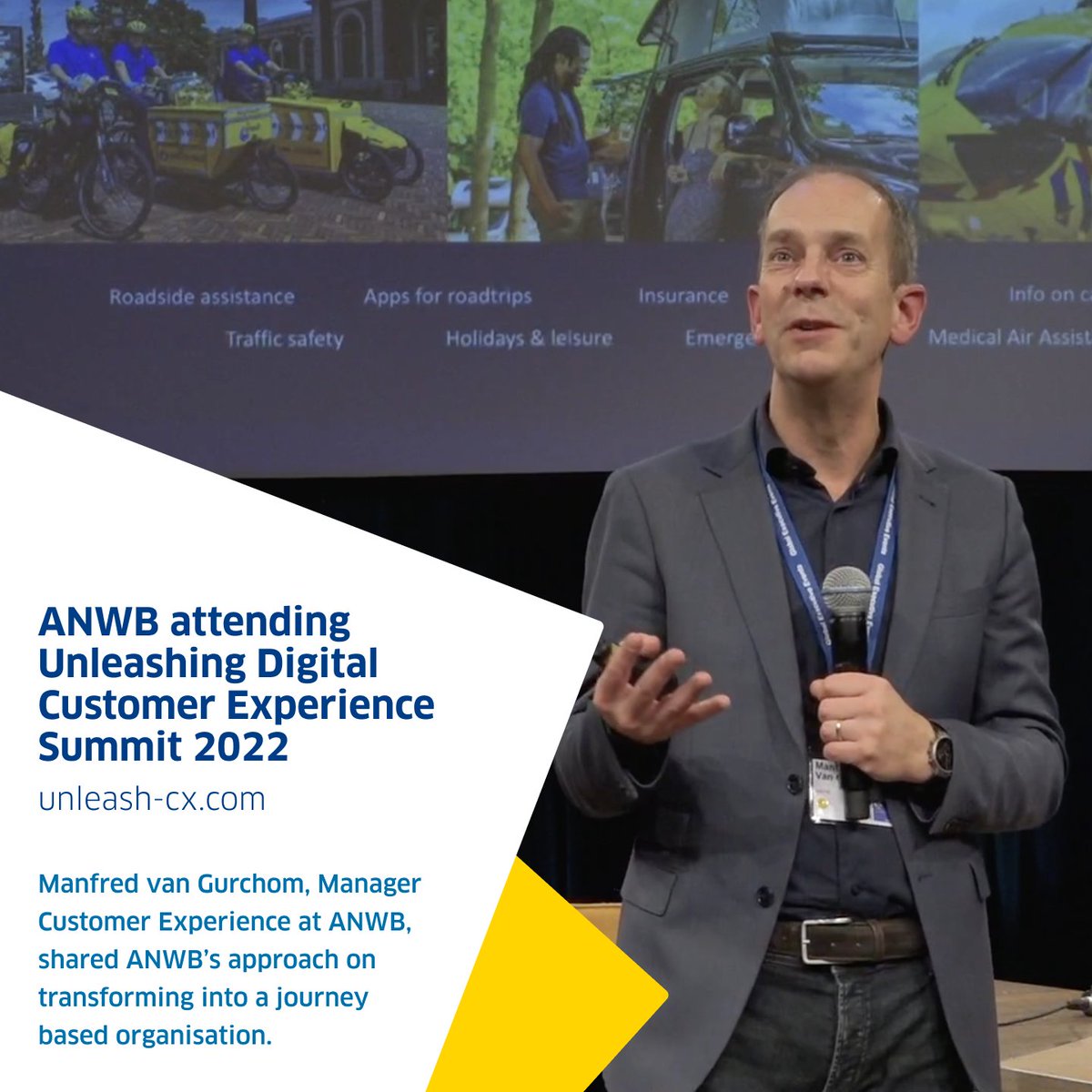 Manfred van Gurchom, Manager Customer Experience at ANWB,  shared ANWB’s approach on transforming into a journey based organisation.
#ANWB #CX #unleashcx #customerexperience #event  #Amsterdam