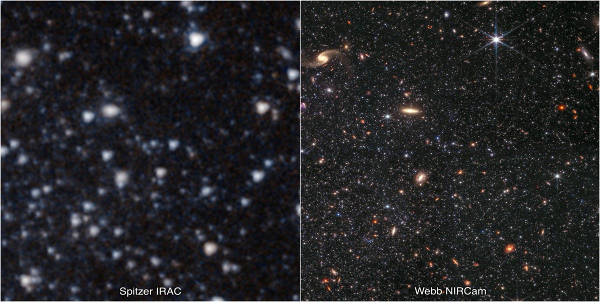 How it started ➡️ How it’s going These images demonstrate Webb’s remarkable ability to resolve faint stars in nearby dwarf galaxy Wolf-Lundmark-Melotte (WLM). On the right is Webb’s brand new image, and on the left is Spitzer’s view: go.nasa.gov/3hnt4Tv