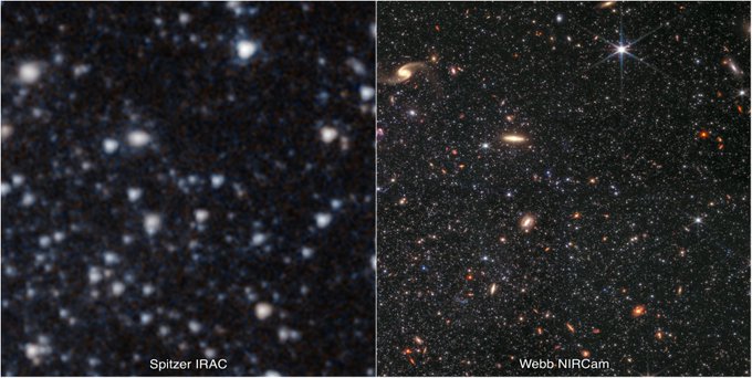 Labeled, side-by-side comparison of dwarf galaxy Wolf-Lundmark-Melotte (WLM) images, as seen by Spitzer’s IRAC on the left and Webb’s NIRCam on the right. Spitzer’s view resembles fuzzy white blotches against a black background, while Webb’s view appears much more focused and detailed. In Webb’s image, there are countless white stars dotting the scene, as well as yellow and orange background galaxies of various shapes. One prominent galaxy is a pale yellow spiral in the top left corner. Another defining feature is a large white star with long diffraction spikes, seen just to the right of the top center.