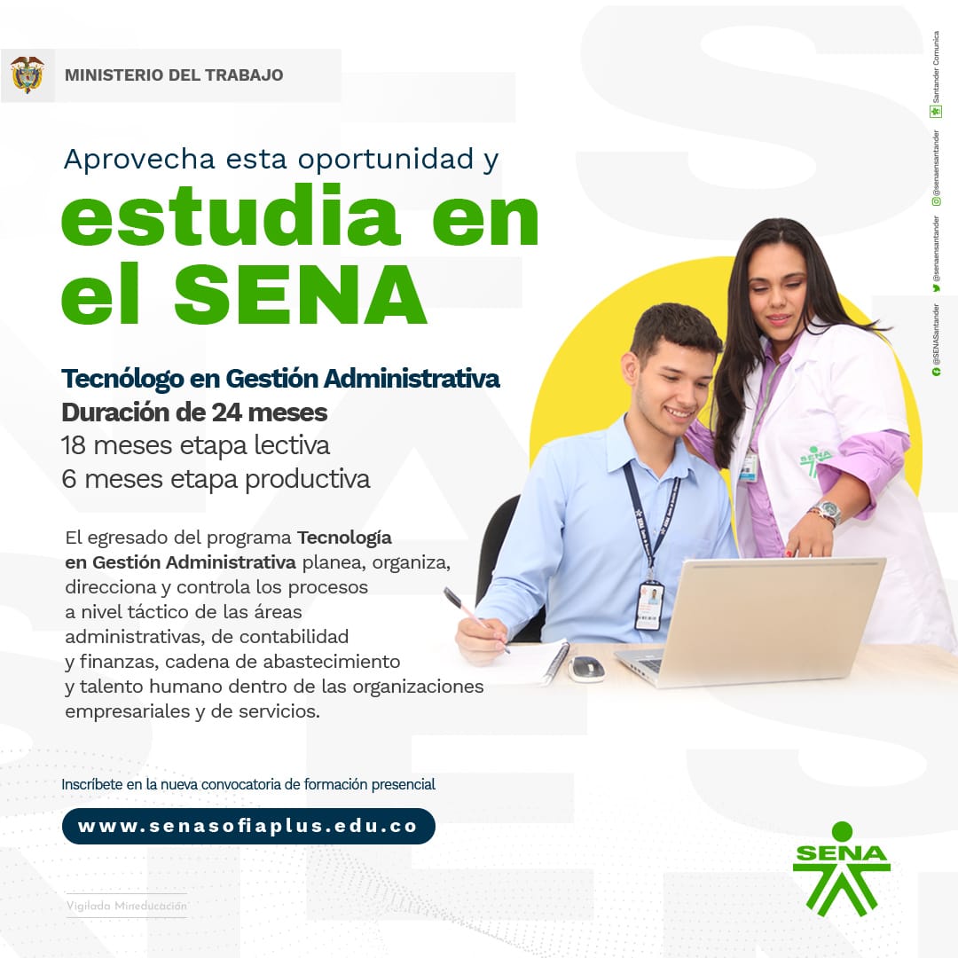 senaensantander's tweet photo. ¿Qué esperas? Fórmate como Tecnólogo en Gestión Administrativa del Centro de Servicios Empresariales y Turísticos en el #SENASantander. Ingresa a👉🏻 https://t.co/IoMtd10p3F e inscríbete 📲 en la nueva convocatoria de formación presencial hasta el 10 de noviembre. #EstudiaEnElSENA https://t.co/2bNsrxIiaS
