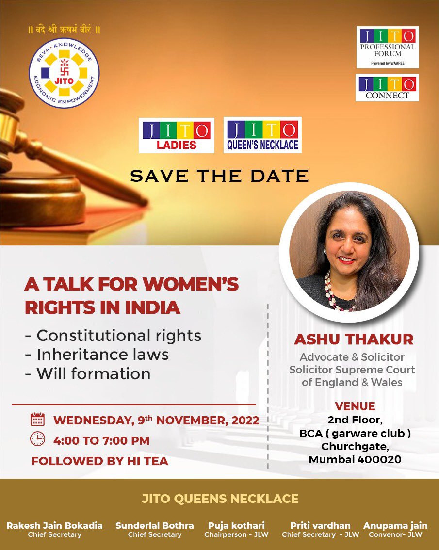 Do you join us at the interesting talk on “Women’s rights in India” when our Founder &amp; CEO <a href="/AshuTIndia/">Ashu</a> shares insights on the India Succession Act and fundamentals on drafting a Will.