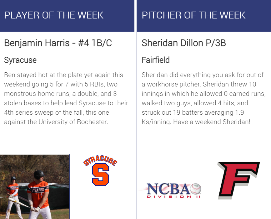 The_NCBA's tweet photo. Congratulations to Benjamin Harris (@SUClubBaseball) &amp; Sheridan Dillon (Fairfield) on earning Week 9 NCBA DII National Player &amp; Pitcher of the Week Honors! 

https://t.co/IfPUulZ4vx https://t.co/WLIbO2Asu7