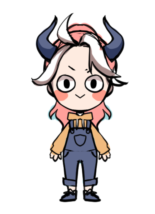 horns solo 1girl overalls :> hoodie hood  illustration images