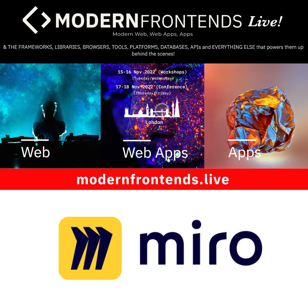 We are happy to have @MiroHQ represented at @modernfrontends by @alex_lobera Catch his talk 'Building the perfect micro-frontend framework for your company' 🎟️ modernfrontends.live 📆 Nov 15-16 (Workshops) 📆 Nov 17-18 (Conf) 🌍 London See you there!
