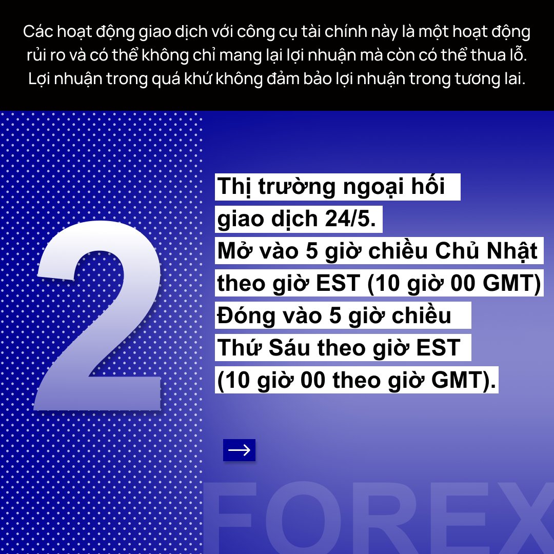 CapitalcomViet's tweet photo. 🎯10 FACT VỀ THỊ TRƯỜNG FOREX 

Giao dịch CFD với hơn +6,000 tài sản: https://t.co/2L8A5apliL

2️⃣ Thị trường ngoại hối giao dịch 24/5. 
Mở vào 5 giờ chiều Chủ Nhật giờ EST (10 giờ 00 GMT) và đóng vào 5 giờ chiều Thứ Sáu giờ EST (10 giờ 00 theo giờ GMT). https://t.co/ul1zrLXFFT