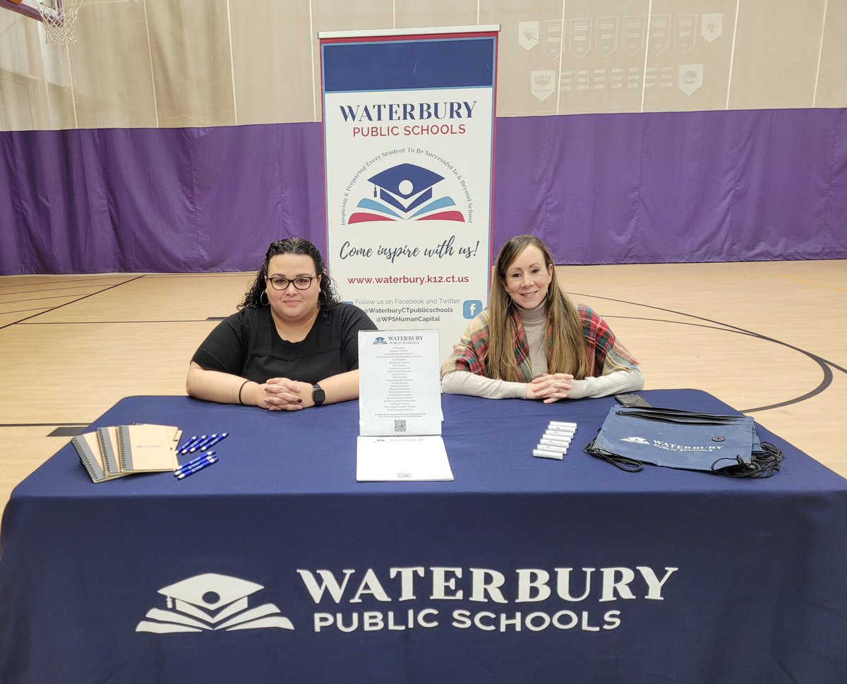 WPSHumanCapital's tweet photo. The Career Fair at the University of Bridgeport is in full swing at the Wheeler Student Rec Center from 11am-3pm. 🎉 We are all set up and ready to meet potential future Waterbury Public Schools teachers. 👩‍🏫👨‍🏫 Come inspire with us! ✨️ https://t.co/EikPGt7rjJ