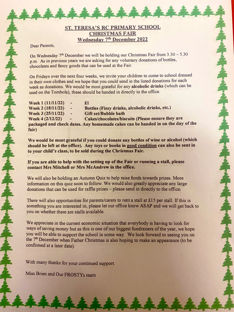 Our Christmas Fair will be held on Wednesday 7th December 2022.