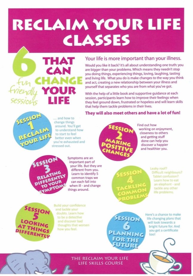 Are you or someone you know living with a long-term condition?

Reclaim Your Life Course is a free course for people living with long term conditions, who live in the #Renfrewshire area.

If you are interested have a look at the information below
#chronicillness #wellbeing