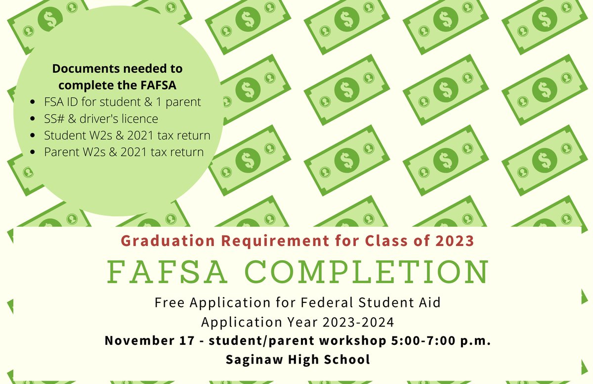SHS Counselors (@shscounselorstx) on Twitter photo Need help completing your FAFSA application? Join the Saginaw Counseling Team and Financial Aid experts from local college Financial Aid offices November 17 from 5:00-7:00 p.m. No appointment needed! <a href="/saginawhstx/">Saginaw High School</a> Need help completing your FAFSA application? Join the Saginaw Counseling Team and Financial Aid experts from local college Financial Aid offices November 17 from 5:00-7:00 p.m. No appointment needed! <a href="/saginawhstx/">Saginaw High School</a>