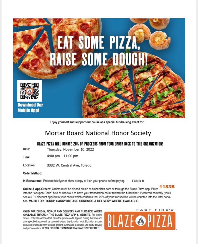 Help Mortar Board fundraise by coming out to Blaze Pizza tomorrow night!🍕Stop by at any time between 4 and 11PM and grab yourself some delicious pizza while also donating to Mortar Board!