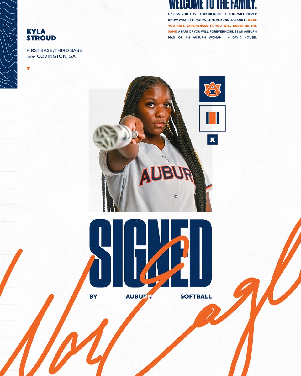 𝙎𝙄𝙂𝙉𝙀𝘿 ✍️

We're kicking off Signing Day with a bang! 💥 Big bat coming to the Plains! 

𝘒𝘺𝘭𝘢 𝘚𝘵𝘳𝘰𝘶𝘥 
🏠 Covington, Georgia 
🥎 Infielder 
📊 No. 12 Recruit (Extra Innings) 
🇺🇸 2x USA All-American 
💪 Slugger of the Year

#WarEagle | <a href="/KylaStroud/">Kyla Stroud</a>