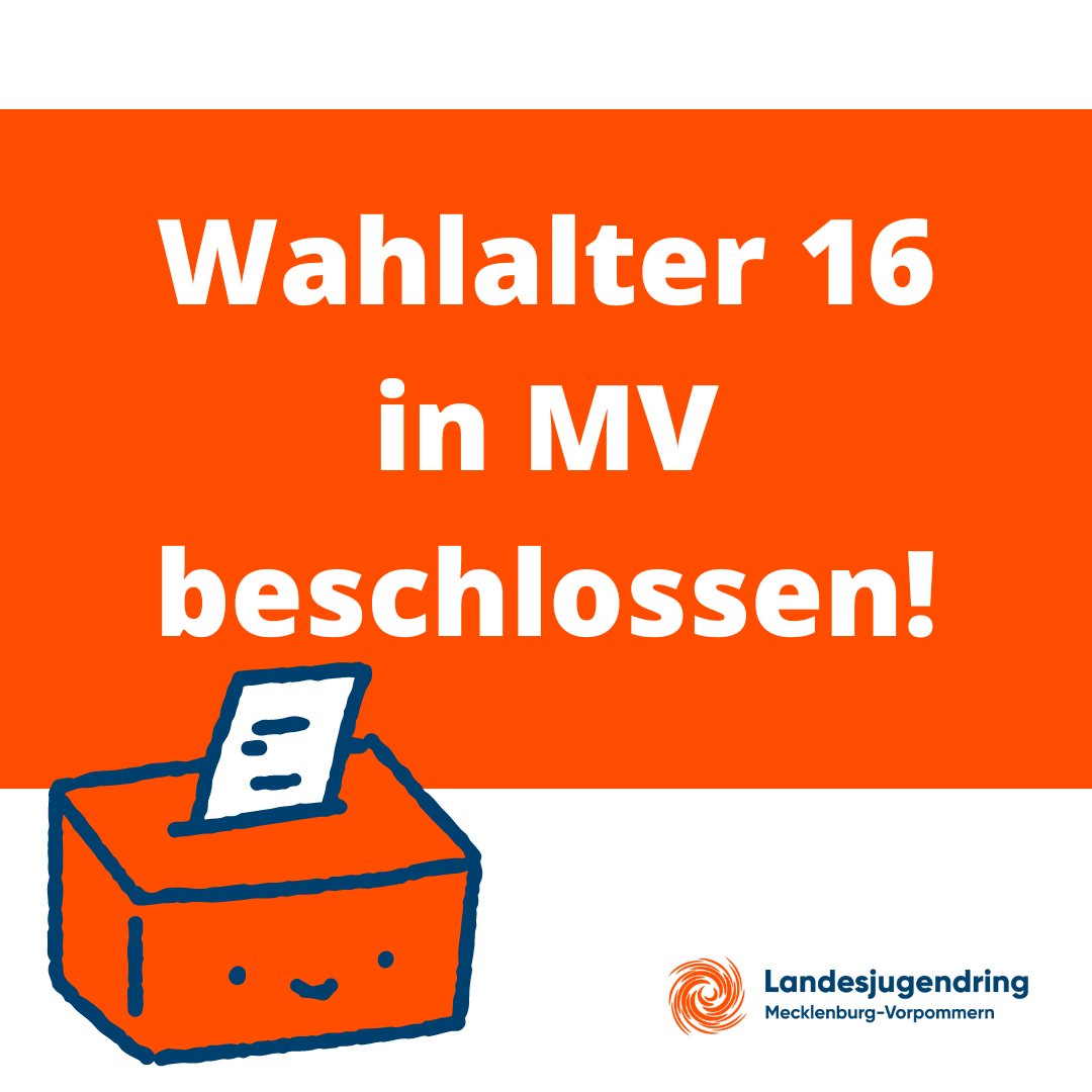 ljrmv's tweet photo. Es gibt 1 Grund zu feiern🥳Eine langjährige Forderung des LJRMV,Absenkung des Wahlalters auf 16,wurde heute im Landtag beschlossen.Wir freuen uns,dass Jugendliche ab 16 jetzt die Chance haben die Zukunft in ihrem Bundesland mitzugestalten. 
#mitmischenmv #jugendbeteiligung https://t.co/aO4HJQBoSV