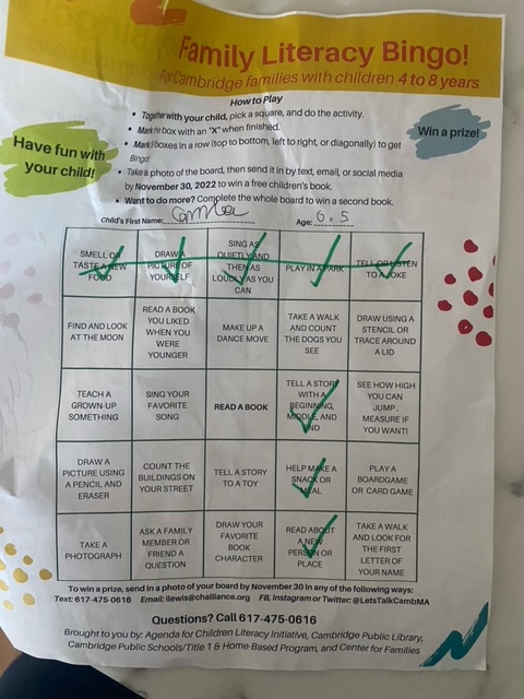 #CambMA families - Check out the bingo board from Camila (age 6.5)! Have you played Early Literacy Bingo w/your child yet? Pick up a bingo board at library branches or Center for Families, 51 Inman or download:
Birth-3 yrs: bit.ly/2022YoungerBin…
4-8 yrs: bit.ly/2022OlderBingo