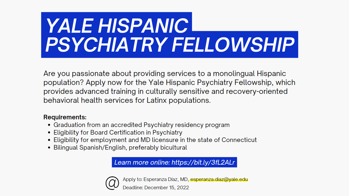 YalePsych's tweet photo. The Yale Hispanic Psychiatry Fellowship is seeking new applicants. Learn more about the program and eligibility requirements online: https://t.co/TQDhW1N5wU #YalePsych #YalePsychiatry https://t.co/QeRijm33lB