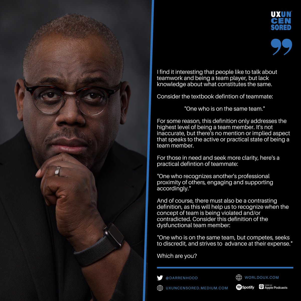 darrenhood's tweet image. I find it interesting that people talk about teamwork and being a team player, but lack knowledge about what constitutes the same. In today&apos;s volatile world of UX, this concept is critical to understand. Consider the following...

#team #teamplayer #teamdysfunction
@uxuncensored