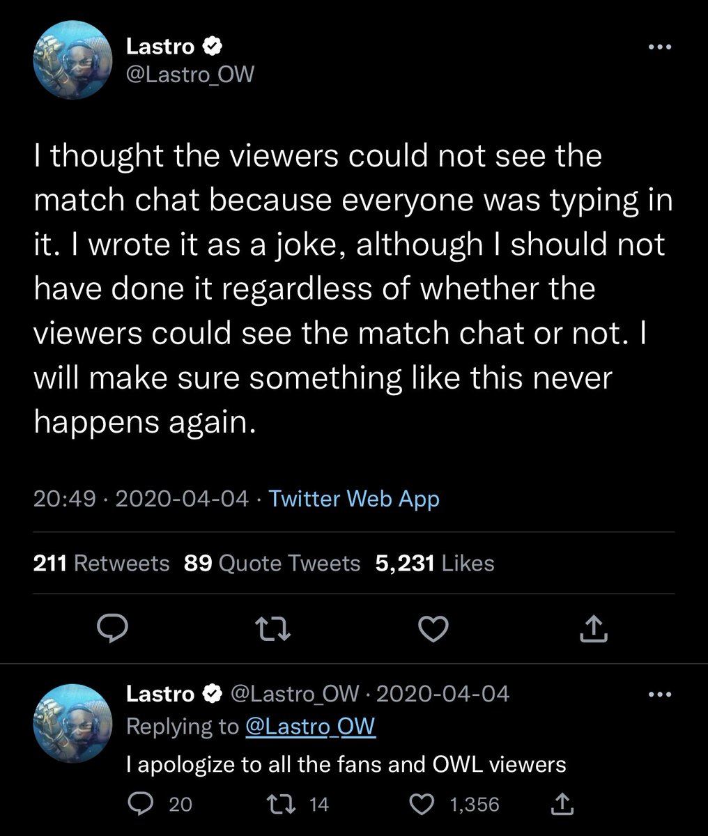OWL_moment's tweet image. Lastro of the Los Angeles Valiant types “sex big dick” in match chat. Right after, Rascal of the San Francisco Shock types “big dick” in chat. Later, both of them are fined $1,000 for inappropriate chat during a league match. (2020)