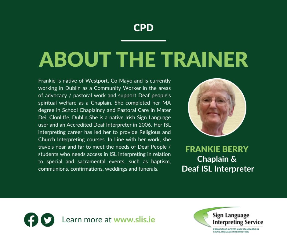 SLIS_Ireland's tweet image. We look forward to hosting the second CPD on Funeral Interpreting at 6 pm provided by Frankie Berry!

If any #ISLInterpreter is interested in attending, five more spaces have become available. 

@cisli_ireland @studies_centre @RegisterISLI
