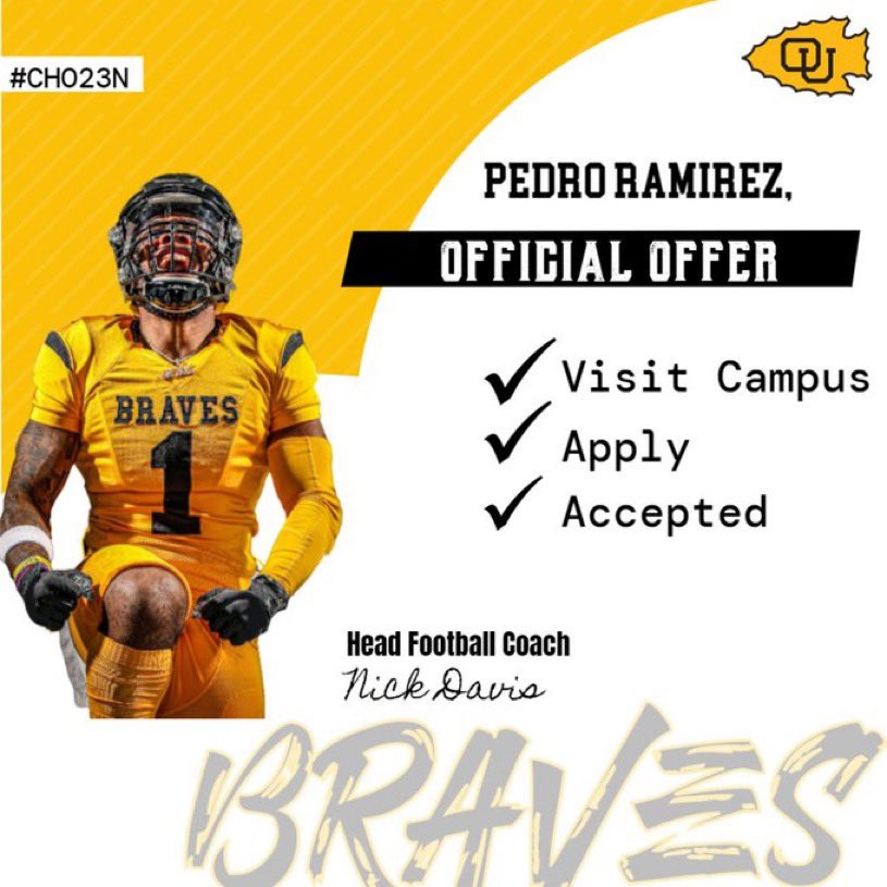Pedro Ramirez (@pedroceo_) on Twitter photo I am happy to announce that I have received an official offer from <a href="/OttawaBravesFB/">Ottawa Braves Football</a> . <a href="/CoachOliverPate/">Oliver Pate</a> <a href="/GilaRiverHawks/">Gila River Football</a> <a href="/Mikedeesel/">Coach Denney</a> I am happy to announce that I have received an official offer from <a href="/OttawaBravesFB/">Ottawa Braves Football</a> . <a href="/CoachOliverPate/">Oliver Pate</a> <a href="/GilaRiverHawks/">Gila River Football</a> <a href="/Mikedeesel/">Coach Denney</a>