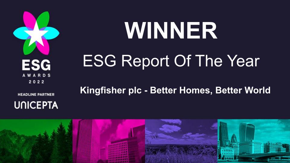 therealprmoment's tweet photo. The winner of the ESG Report of the Year is Kingfisher plc - Better Homes Better World @kingfisherplc #ESGawards https://t.co/SyRiZjYByT