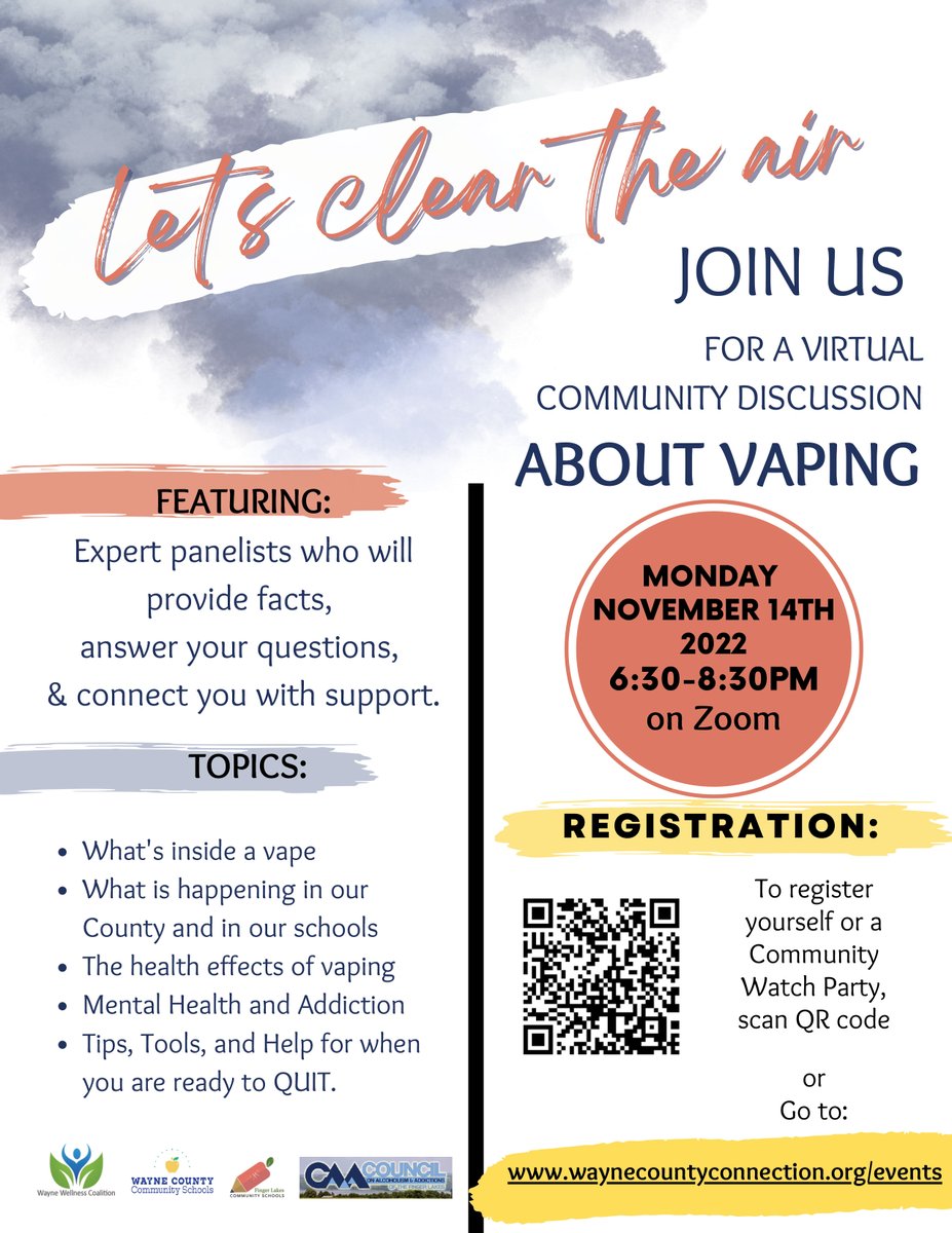 Coming up next week:

Let's Clear the Air: A Community Discussion on Vaping with <a href="/HealthWayne/">Wayne County Health Department</a>
👉 Monday, November 14th
👉 6:30-8:30pm via Zoom