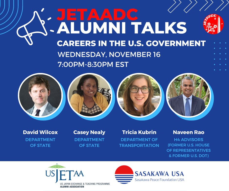 usjetaa's tweet photo. Please join the JET Alumni Association of Washington, DC (JETAADC) on Nov. 16, from 7-8:30PM EST for our first career panel of the season on careers in the U.S. government!

This event is open to all JET alumni and Friends of JET.
Register at: 

https://t.co/MN5ErY1x81 https://t.co/ha23S63rh0