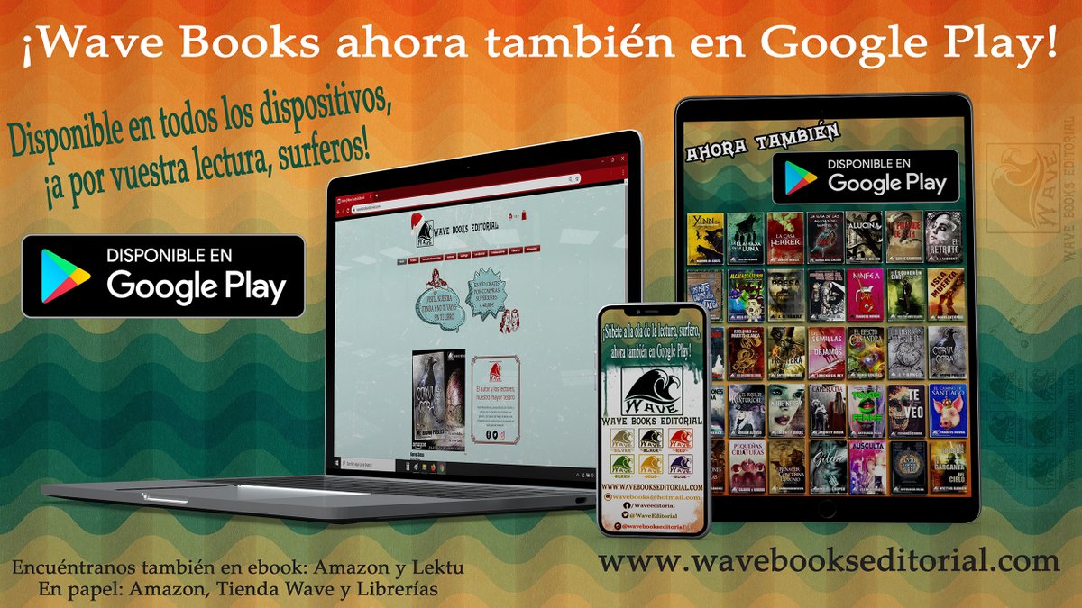 WaveEditorial's tweet photo. Y si eres un surfero de letras que lee en el teléfono o tableta, puedes encontrar nuestro catálogo también en GooglePlay y Lektu, y a leer🌊📖
https://t.co/Vhs5kPoX0K
#amoleer #wavebookseditorial #ebooks #lecturadigital https://t.co/CcfNMU7oGY