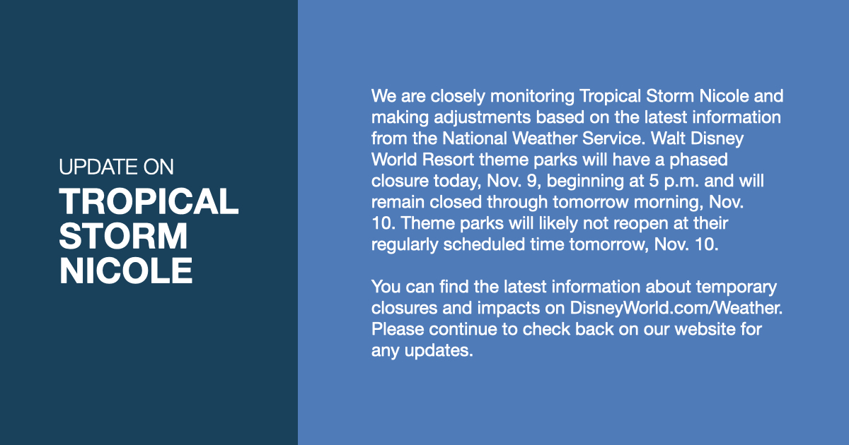 DisneyParks's tweet image. Walt Disney World Resort Update on Tropical Storm Nicole - For the latest information, visit: disneyworld.com/weather