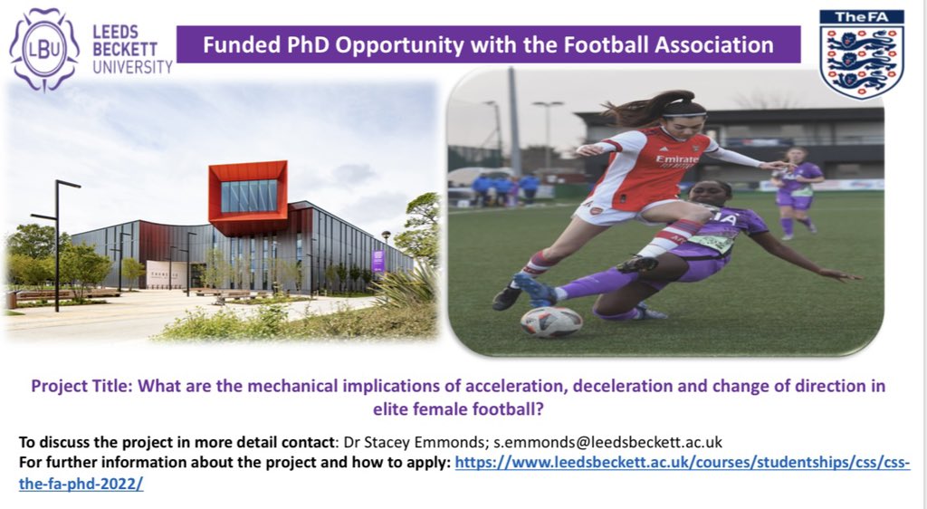 Stacey Emmonds PhD (@s_emmonds) on Twitter photo Exciting opportunity to complete a funded PhD <a href="/Carnegie_Sport/">Carnegie School of Sport</a> in partnership with the <a href="/EnglandFootball/">England Football</a> exploring the mechanical demands of <a href="/BarclaysWSL/">Barclays Women's Super League</a> and <a href="/BarclaysWC/">Barclays Women’s Championship</a> football
See below for further details👇
leedsbeckett.ac.uk/courses/studen…
🗓 Closing date 7.12.22
Please RT & share Exciting opportunity to complete a funded PhD <a href="/Carnegie_Sport/">Carnegie School of Sport</a> in partnership with the <a href="/EnglandFootball/">England Football</a> exploring the mechanical demands of <a href="/BarclaysWSL/">Barclays Women's Super League</a> and <a href="/BarclaysWC/">Barclays Women’s Championship</a> football
See below for further details👇
leedsbeckett.ac.uk/courses/studen…
🗓 Closing date 7.12.22
Please RT & share