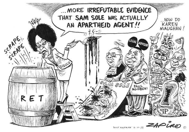 zapiro's tweet photo. Zapiro's cartoon published @dailymaverick  (8 November 2022) on Evidence @LindiweSisuluSA @SamSoleZA @AdvDali_Mpofu @PaulNgobeni10 @PublicProtector @MYANC  - https://t.co/weLMwlE1UH https://t.co/9AurnAi6Qc