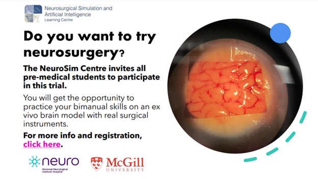 AI_SimCentre's tweet photo. @AI_SimCentre invites premed students at McGill, U of Montreal, Laval and U of Sherbrooke to participate in a new neurosurgical simulation trial where you can use real neurosurgical instruments, operate using a microscope and do brain surgery. See info attached and register. https://t.co/AoIMxDdfG7