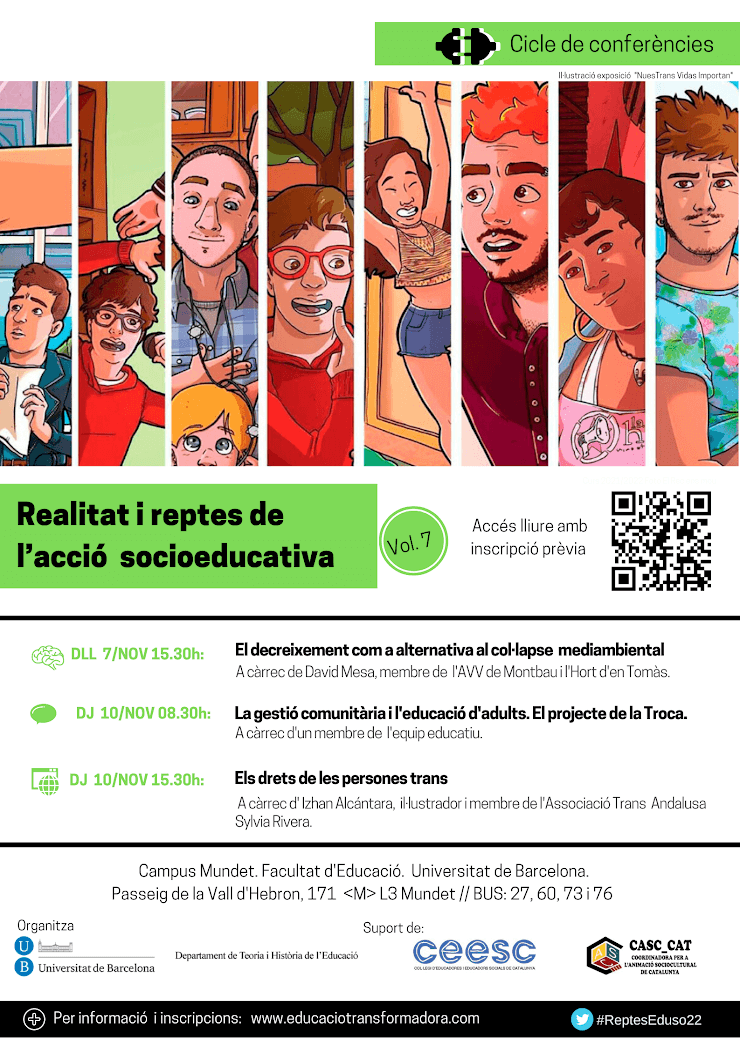 UniBarcelona's tweet photo. #DocènciaUB | Encara hi ha temps de participar en les darreres sessions del cicle Realitats i reptes de l’acció socioeducativa, sobre gestió comunitària i drets de les persones trans. 

🗓️ 10 de novembre
📍 Campus Mundet

Inscripcions 👉 https://t.co/ReZwCgPhJo

#ReptesEduso22 https://t.co/rU372uEUu0