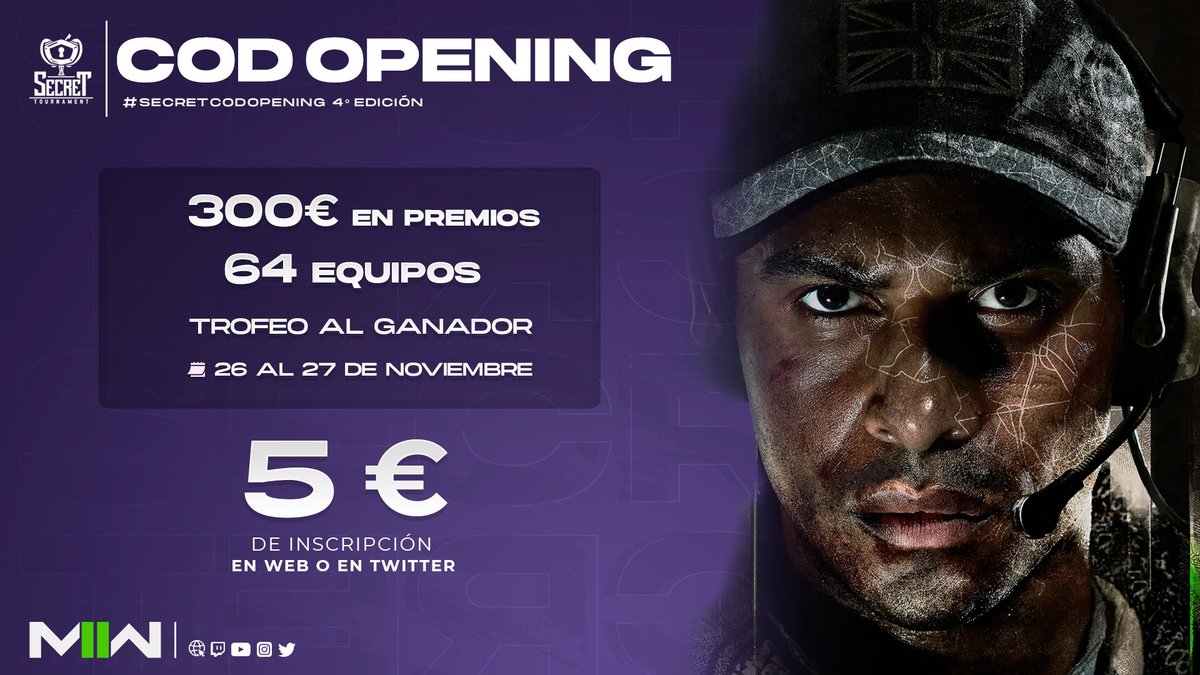#SecretCODOpening #SecretCOD

🇪🇸  ¿Os gustan las presenciales de Call of Duty?

Os tenemos un reto: si llegamos al objetivo de cubrir todas las plazas, para 2023 organizaremos 2 presenciales de alto nivel.

¡Todo depende de vosotros, inscribiros! 

📎 secrettournament.com/tournaments