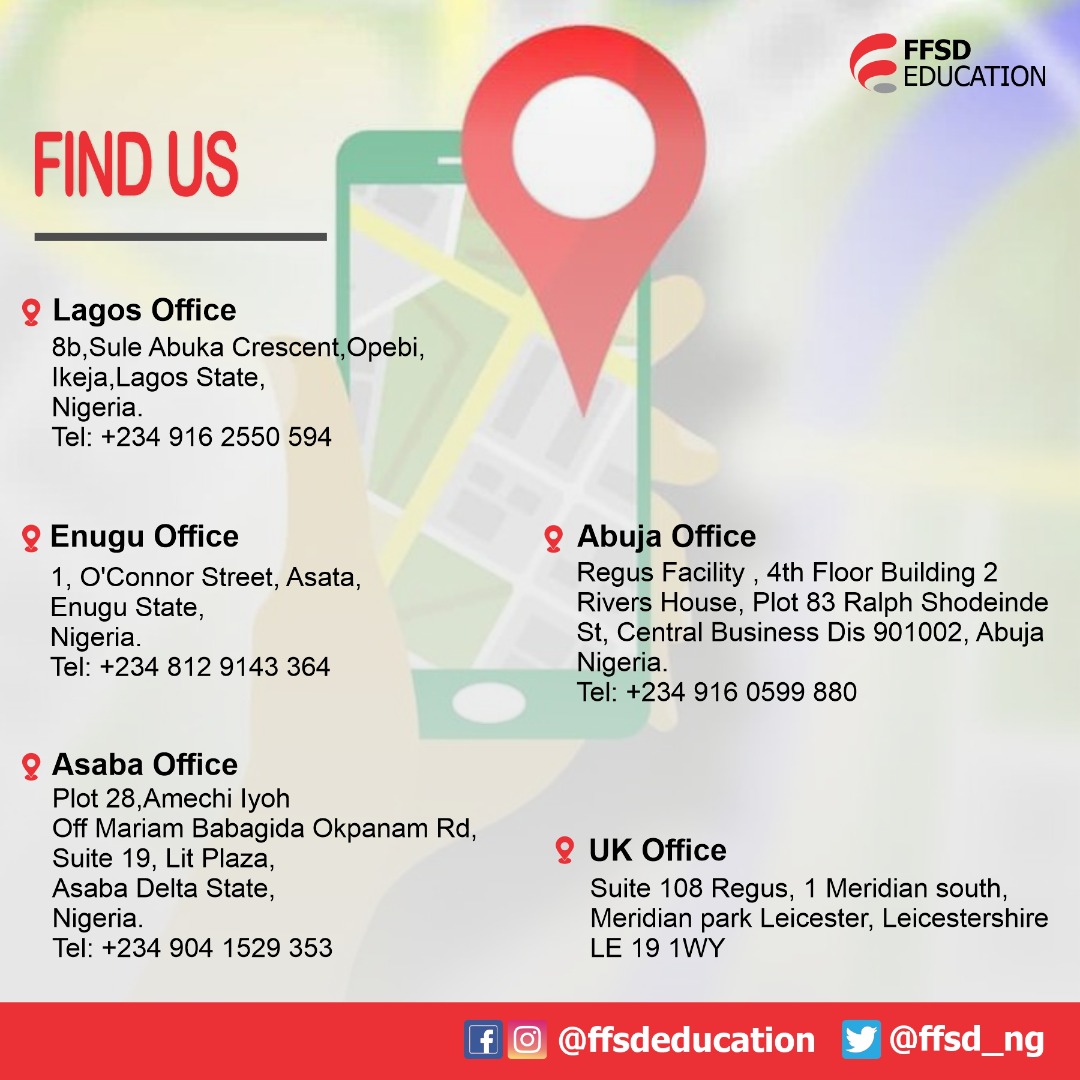 ffsd_education's tweet photo. Do you have inquiries?
You can speak choose to visit any of our offices near you or call any of the office lines attached to the locations.
You can also send a mail to admissions@ffsd.ng for more information!
#studyconsultants #studyabroad #universityadmission https://t.co/nqyYBly8C1