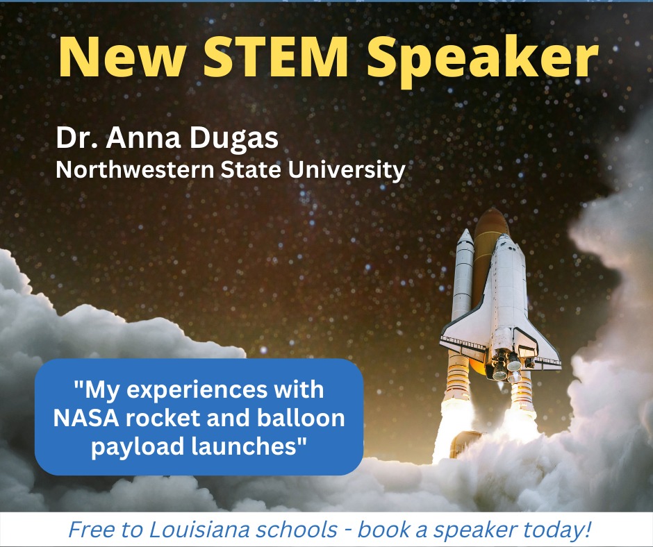 New Speaking of Science presentation in our lineup: Dr. Anna Dugas, Asst Prof at Northwestern State University, "My experiences with NASA rocket and balloon payload launches," for 3rd - 5th grades. Book at: rsi.laregents.edu/speaking-of-sc…

#stemeducation #SpeakersBureau #louisiana #NASA