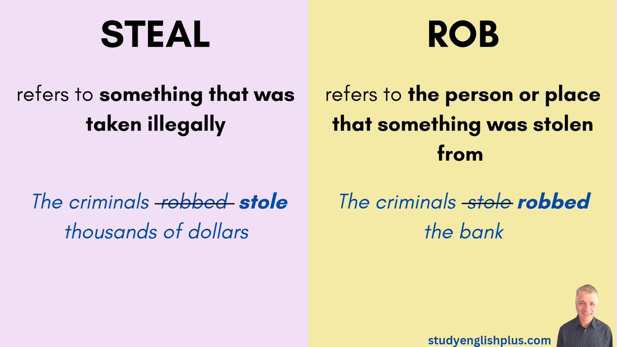 RupertWalshELT's tweet photo. "Steal" and "Rob" are to do with something being taken illegally, but are used in different ways:

#EnglishLanguage #englishgrammar #LearnEnglish https://t.co/H92NOlhtNZ