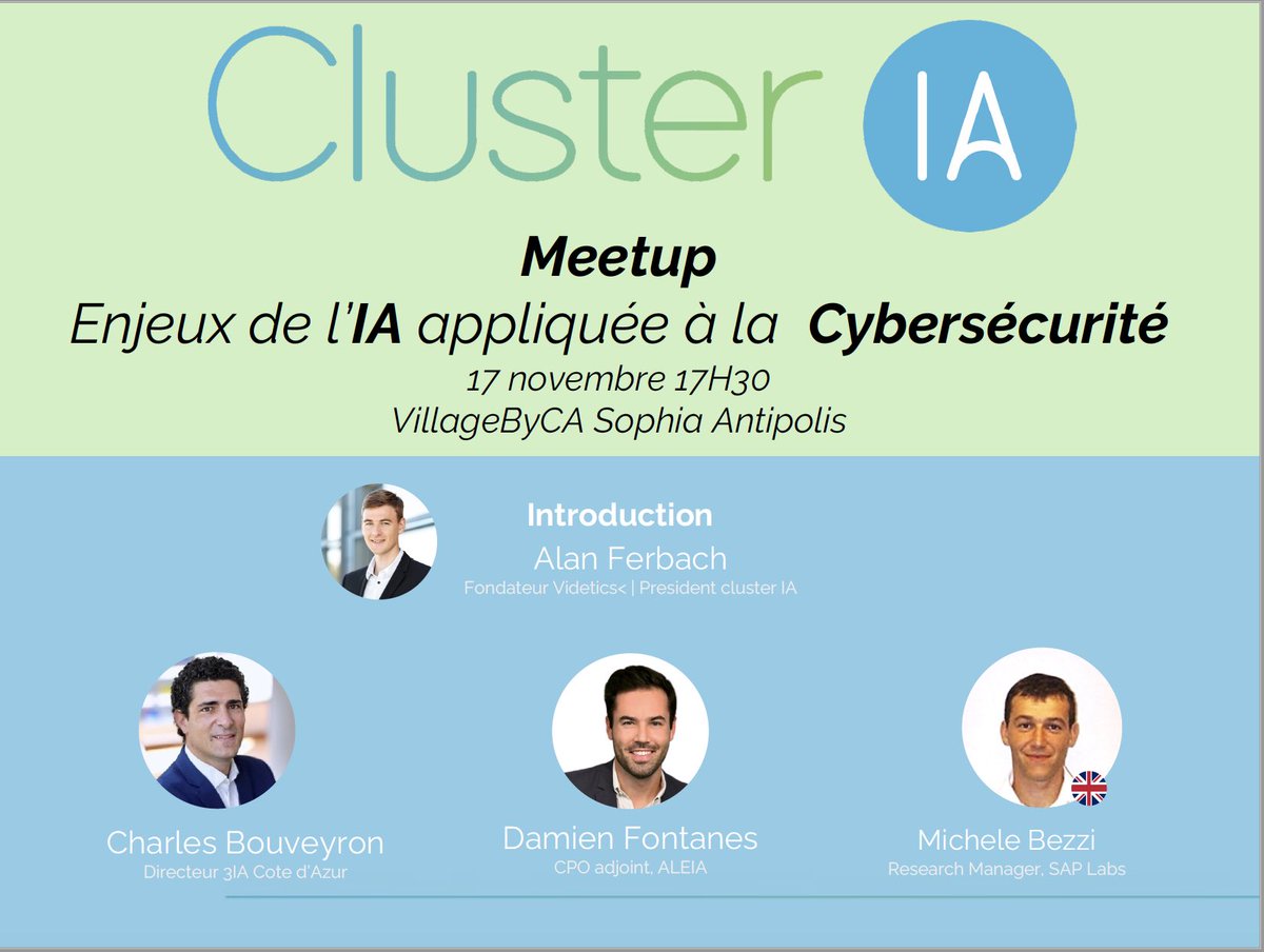 Cluster IA (@cluster_ia) on Twitter photo 📢 meetup #Cybersécurité et #IA le 17 novembre à 17:30 <a href="/villageCASophia/">Le Village by CA Provence Côte d'Azur</a> avec <a href="/cbouveyron/">Charles Bouveyron</a> @3IAcotedazur <a href="/MicheleBezzi/">michele bezzi</a> <a href="/SAPFrance/">SAP France</a> #DamienFontanes #Aleia <a href="/FerbachAlan/">Ferbach Alan</a> <a href="/videtics/">Videtics</a>
Et un networking 🍻
eventbrite.fr/e/billets-clus… 📢 meetup #Cybersécurité et #IA le 17 novembre à 17:30 <a href="/villageCASophia/">Le Village by CA Provence Côte d'Azur</a> avec <a href="/cbouveyron/">Charles Bouveyron</a> @3IAcotedazur <a href="/MicheleBezzi/">michele bezzi</a> <a href="/SAPFrance/">SAP France</a> #DamienFontanes #Aleia <a href="/FerbachAlan/">Ferbach Alan</a> <a href="/videtics/">Videtics</a>
Et un networking 🍻
eventbrite.fr/e/billets-clus…