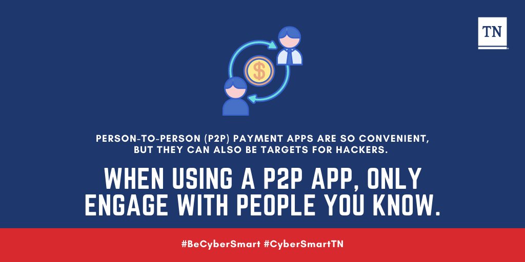 TNDeptFI's tweet photo. Person-To-Person (P2P) payment apps are so convenient, but using them wisely. Not only should you send money to people you know and trust, but always choose two-factor identification and use a PIN when possible.
#BeCyberSmart, #CyberSmartTN
https://t.co/gpFi81GtyL https://t.co/1bBwCRa0uA