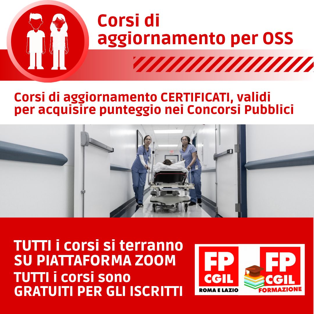 Dopo il grande successo dello scorso anno tornano i corsi di aggiornamento certificati per OSS, organizzati con <a href="/FpCgilNazionale/">Fp Cgil Nazionale</a>.
I corsi sono validi per ottenere punteggio da titoli nei Concorsi pubblici, e sono GRATUITI per gli iscritti.
Leggi tutto: tinyurl.com/3xtp28r2