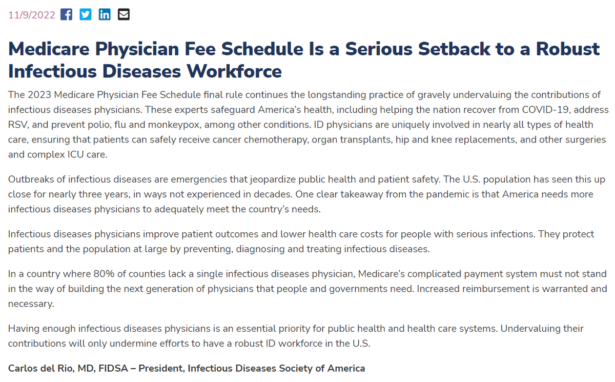 IDSAInfo's tweet photo. The 2023 #Medicare Physician Fee Schedule final rule continues the longstanding practice of gravely undervaluing the contributions of ID physicians.

Undervaluing their contributions will only undermine efforts to have a robust ID workforce in the U.S: https://t.co/pB2jh3Fi01 https://t.co/fR9ZJAyR3h