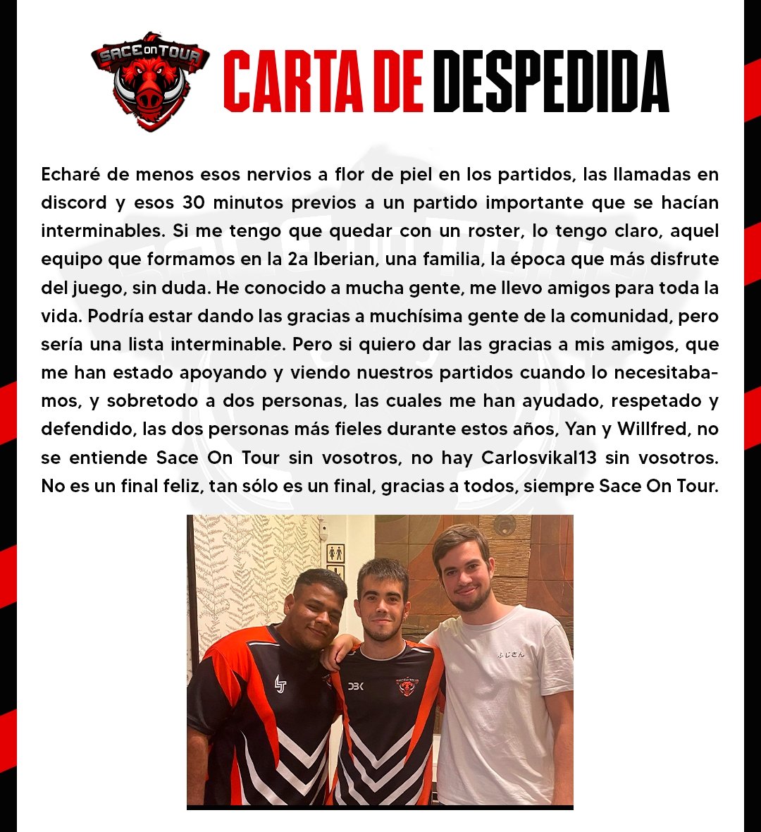 Carlos๐บ๐ข๐ข๐ข (@carlosvikal13) on Twitter photo No me creo que este subiendo esto, tarde o temprano tenรญa que llegar este dรญa.
Hoy cierro <a href="/sace_tour/">Sace On Tour</a> y muere una parte muy importante de mรญ.
Gracias a toda la gente que ha estado de nuestro lado estos aรฑos. Estoy muy triste.
Hasta siempre, he sido muy feliz. No me creo que este subiendo esto, tarde o temprano tenรญa que llegar este dรญa.
Hoy cierro <a href="/sace_tour/">Sace On Tour</a> y muere una parte muy importante de mรญ.
Gracias a toda la gente que ha estado de nuestro lado estos aรฑos. Estoy muy triste.
Hasta siempre, he sido muy feliz.