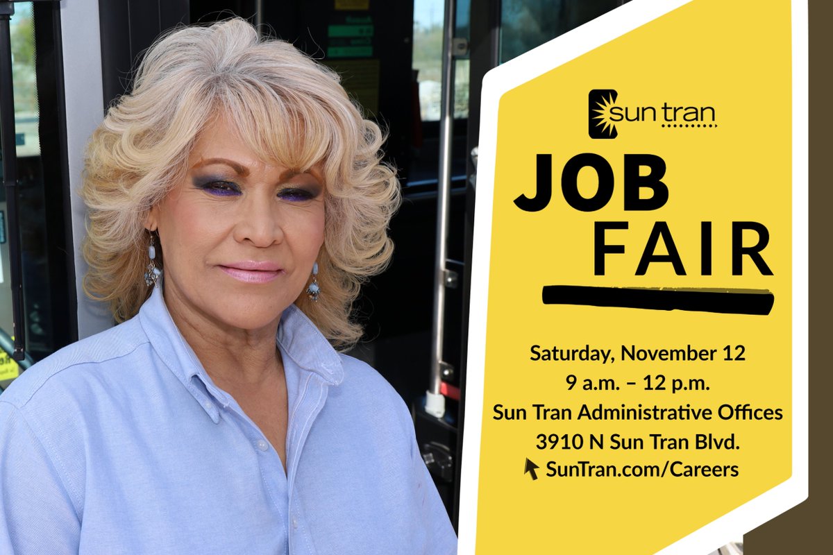 SunTran_Tucson's tweet photo. ☀️JOB FAIR☀️
Join us Saturday for a job fair at Sun Tran! Meet the team, learn about our benefits package and fill out an application. 
November 12
9 a.m. - Noon
3910 N Sun Tran Blvd
Ride Route 10 to Romero/Smoot
👉https://t.co/tF1DG18bsR https://t.co/AHcBLWuHx5