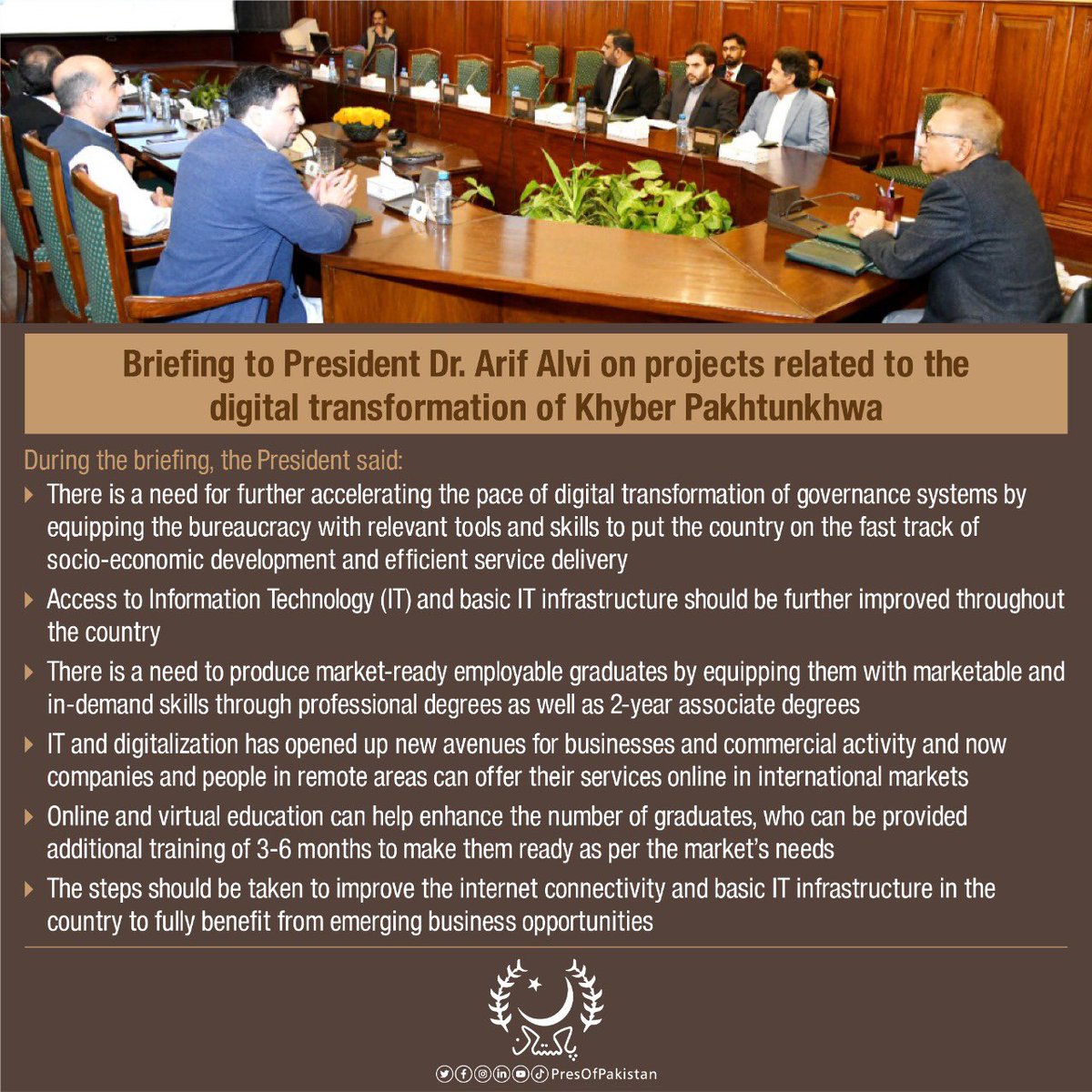 Briefing to President Dr. Arif Alvi on projects related to the digital transformation of Khyber Pakhtunkhwa.