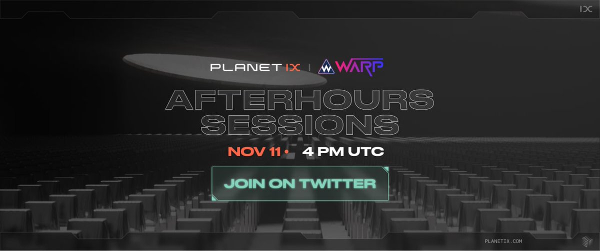 Planetix0's tweet photo. 🍿Tuning into our AfterHours Session with @ChrisPIX12 &amp; our co-host @WarpBond talking about Community Engagement in #web3?

🗓 NOV 11, 2022
⏰️ 4:00 PM (UTC)

Set your reminder🔔
https://t.co/tT9zBNGlx9

#GameFi #NFTs $IXT #NFTCommunity #P2E https://t.co/rUHzR4VJ1X