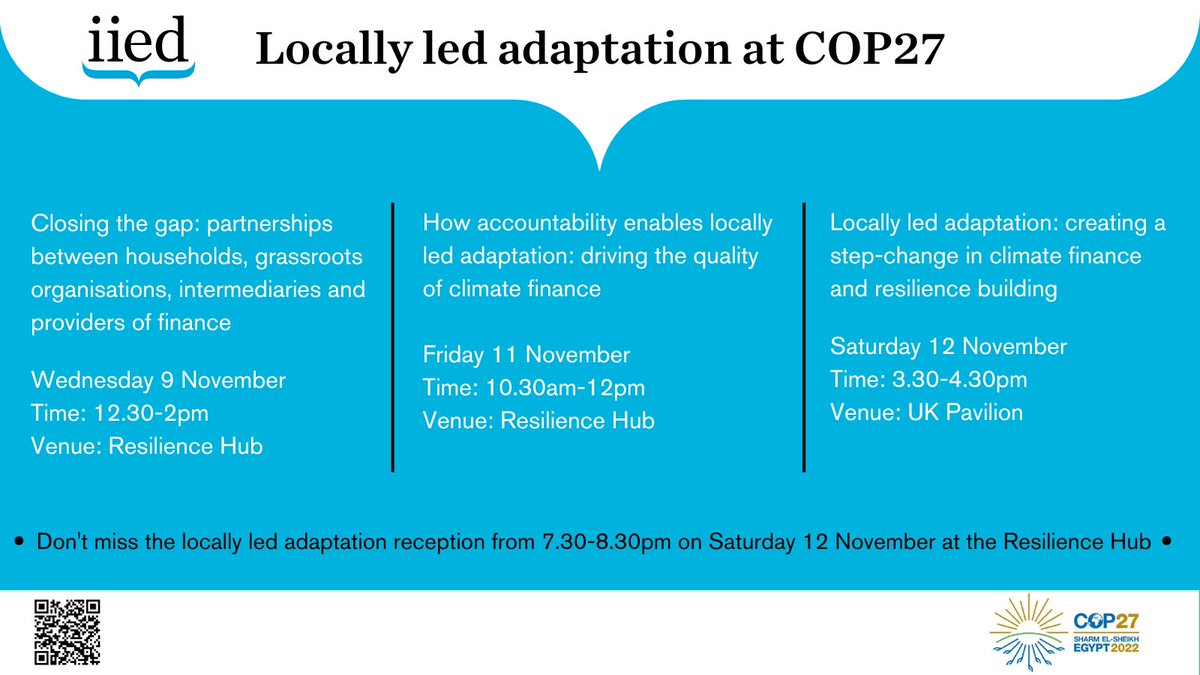 Join me and my amazing colleagues <a href="/IIED/">IIED</a> in this set of exciting events happening later this week <a href="/COP27P/">COP27</a>  We’ll talk about #locallyledadaptation #adaptationfinance and we'll celebrate past and new endorsers of the LLA principles!