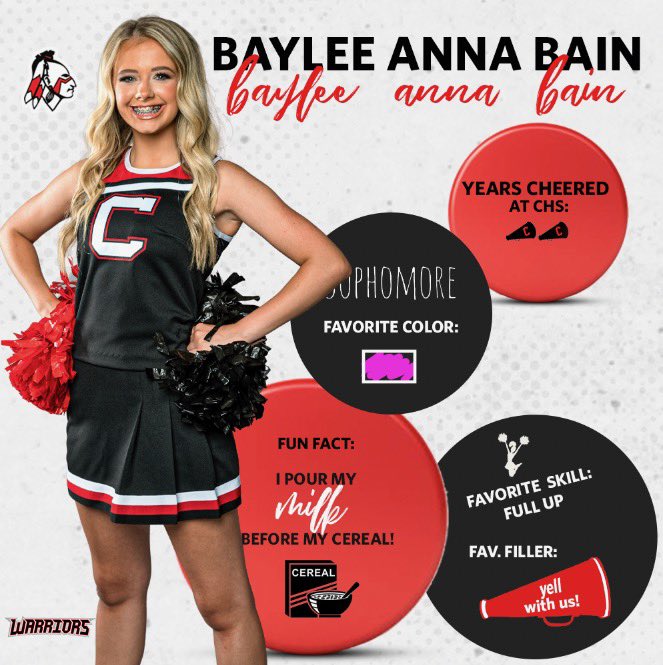 CorinthCheer's tweet photo. Meet the team! It’s our sophomores’ turn! First up is Baylee Anna Bain! Thank you @teerage_photo for the picture! https://t.co/gU53MdRaM4