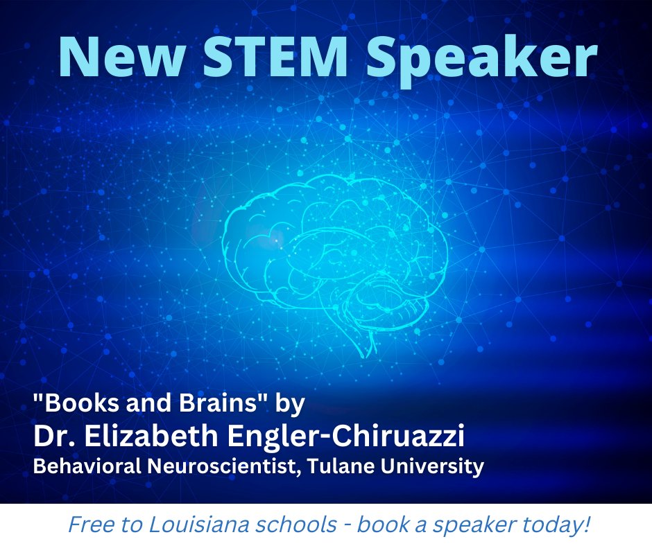 New Speaking of Science presentation in our lineup: "Books and Brains," by Dr. Elizabeth Engler-Chiruazzi, Asst Prof of Neurosurgery at Tulane University. For grades K-5, 6-8, 9-12, and college. Book: rsi.laregents.edu/speaking-of-sc…
#stemeducation #SpeakersBureau #louisiana #neurology