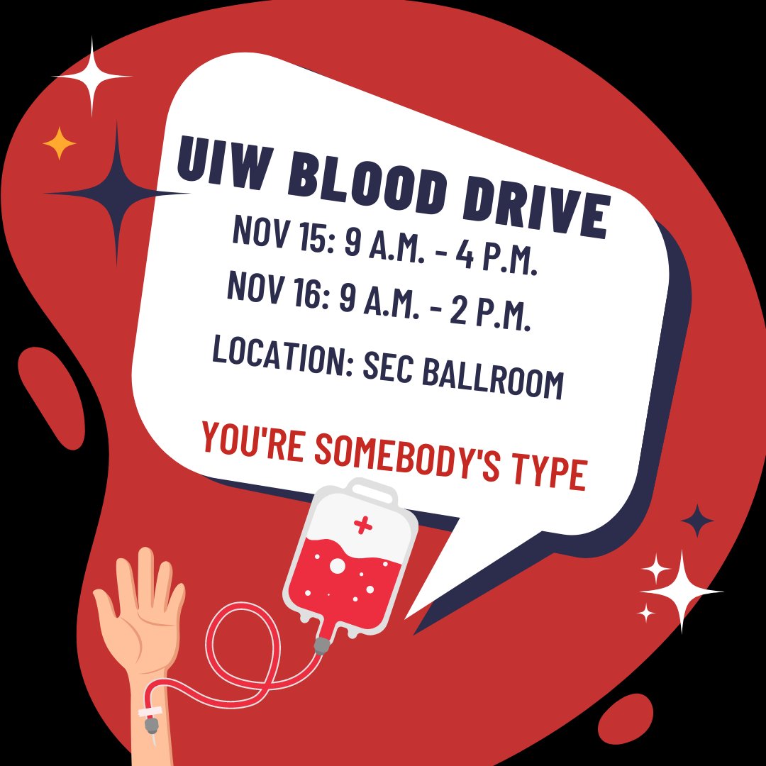 uiweccl's tweet photo. Have you signed up to become a blood donor? Appointments are available for November 15 and 16, starting at 9 a.m. in the SEC Ballroom. Sign up in GivePulse, https://t.co/uDSs5457rn

Help save lives! Donate blood! https://t.co/1WN8UxUXG9